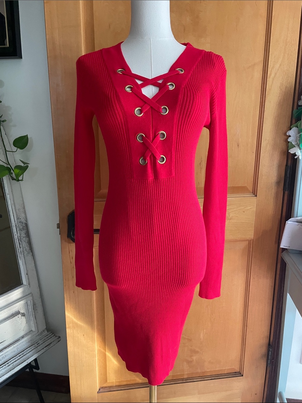 NWT Derek Heart Ribbed Sweater Long Sleeve Red Dress Large Bodycon Laceup Sexy